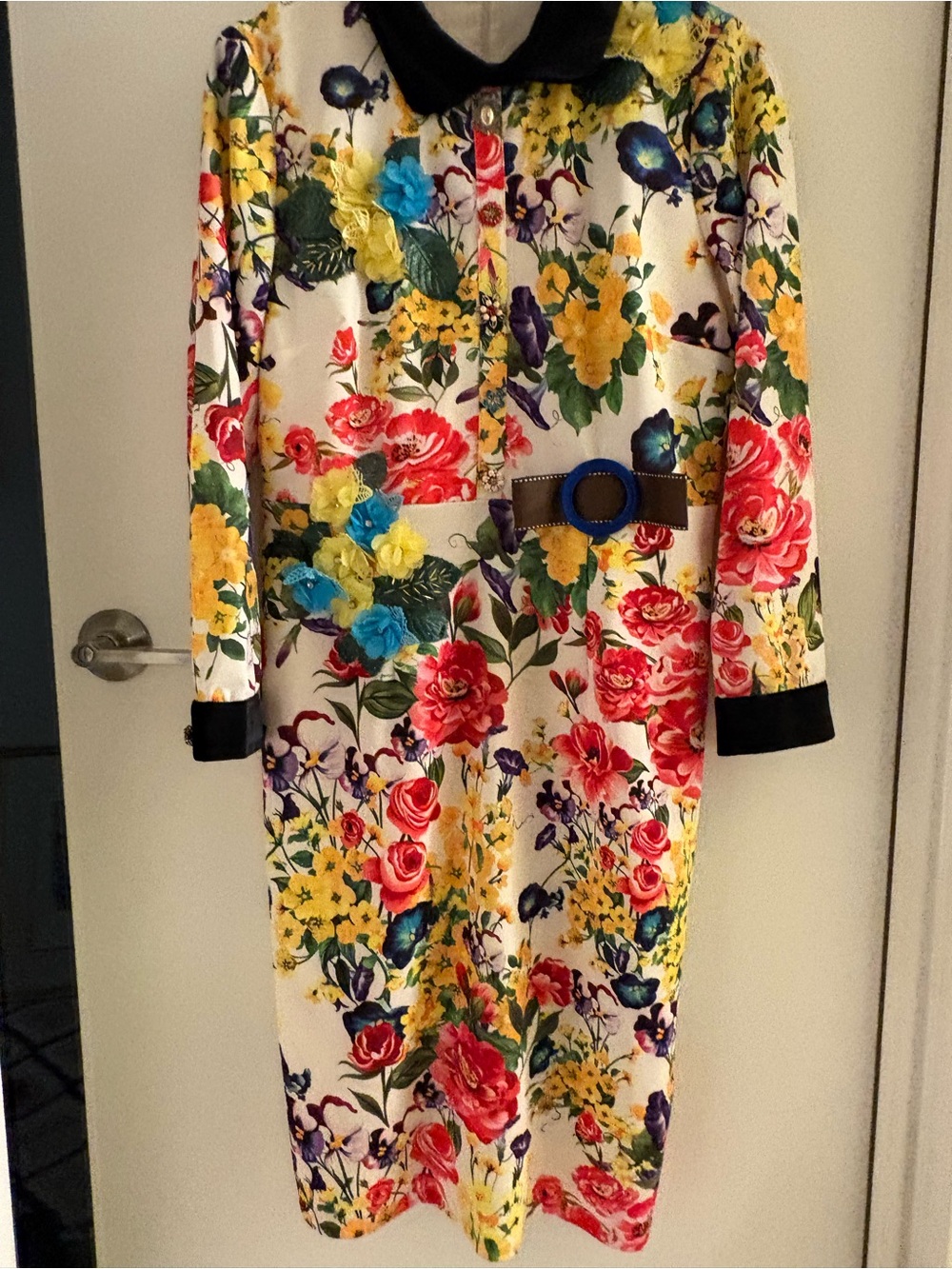 Floral Midi Dress with Black Collar in Cream Multi-Color ( NWOT)